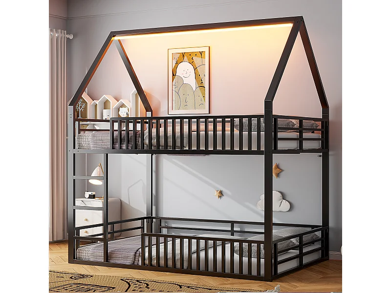 Kinder-Etagenbett - 2 x 140 x 200 cm - mit Barriere + LEDs - Metall - schwarz