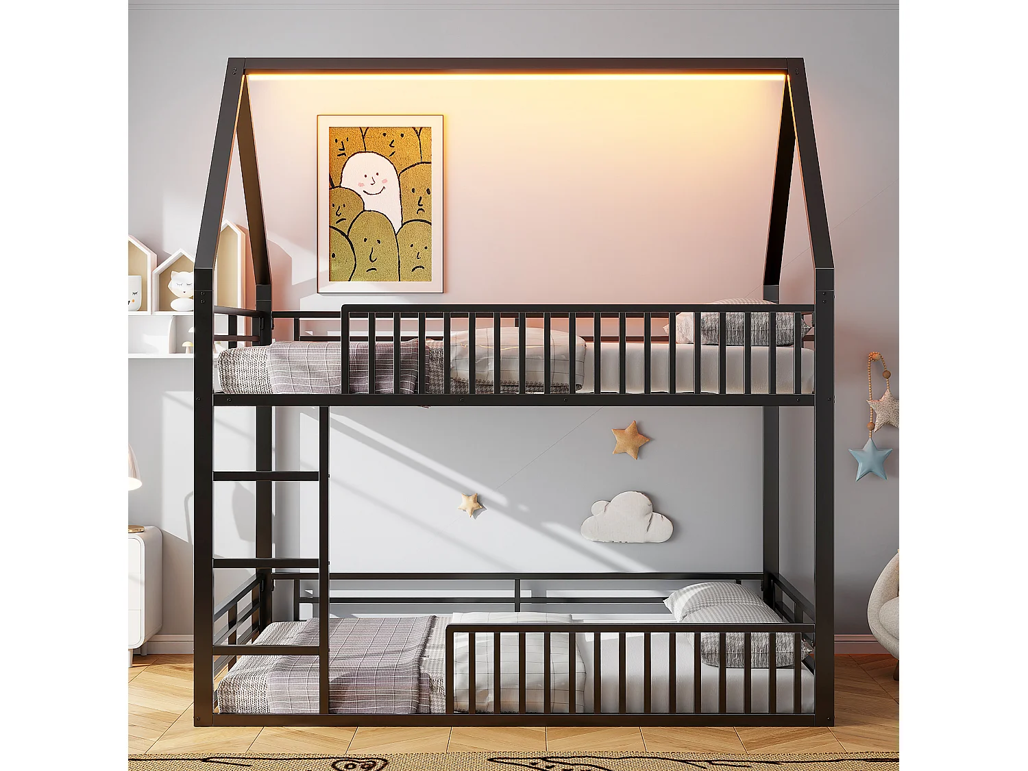 Łóżko piętrowe dla dzieci - 2 x 140 x 200 cm - z barierką + LED - Metalowe - czarne