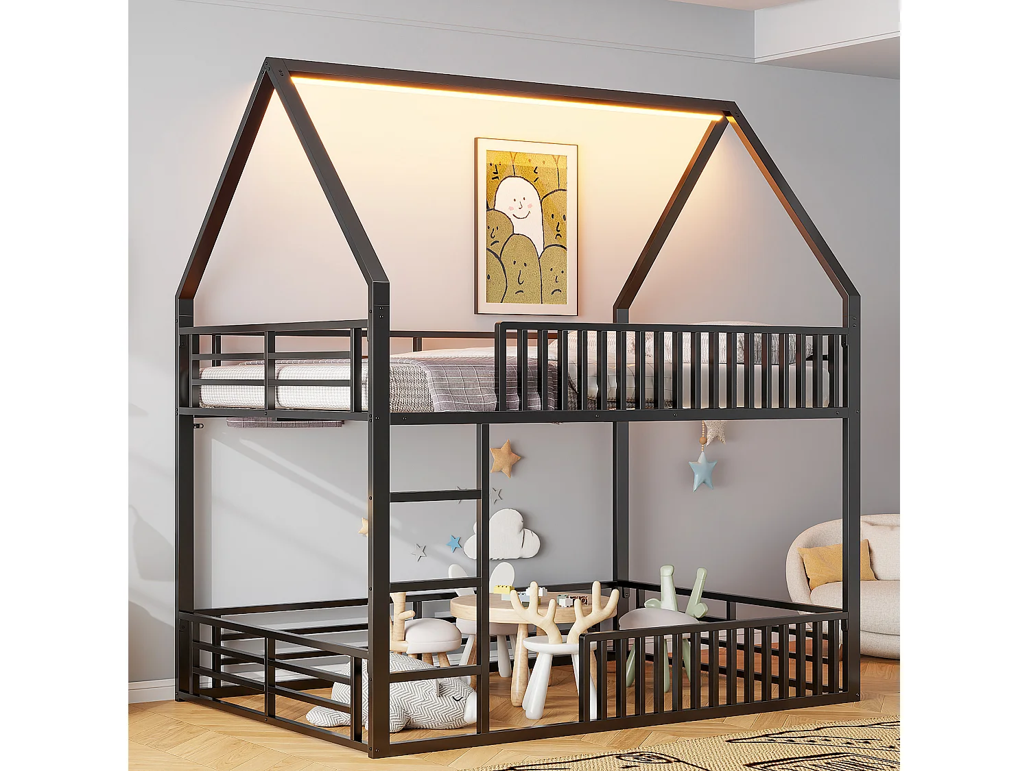 Børnekøjeseng - 2 x 140 x 200 cm - med rækværk + LED'er - Metal - sort