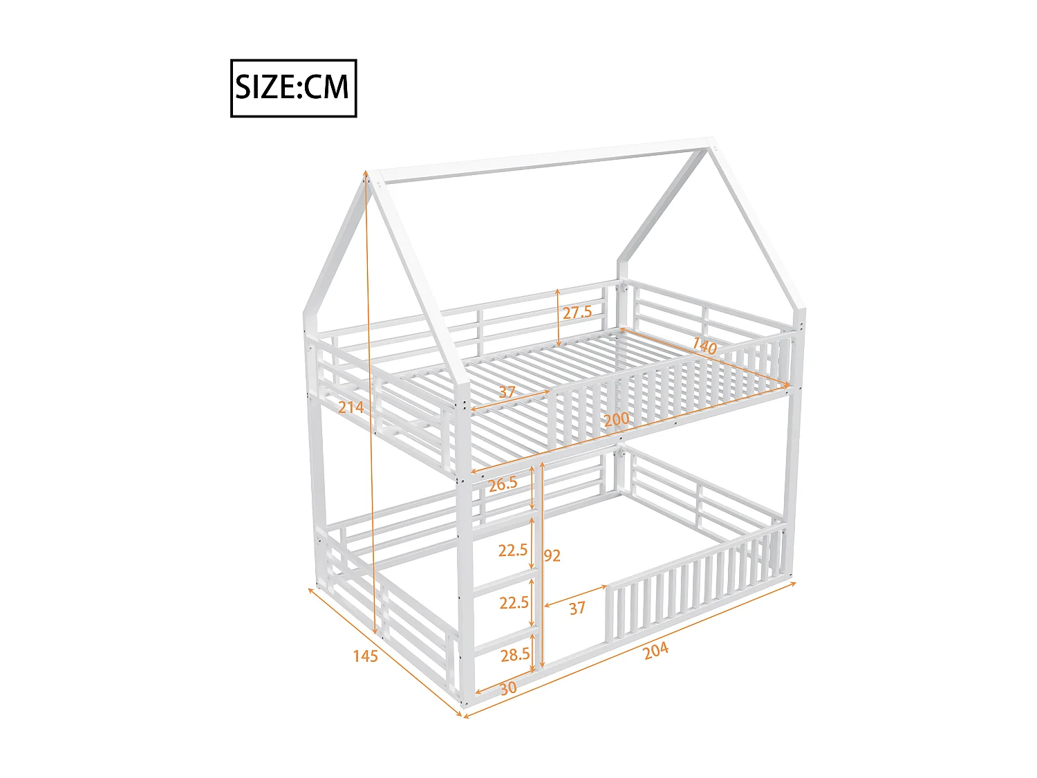 Litera infantil - 2 x 140 x 200 cm - con barrera + LED - Metal - blanco