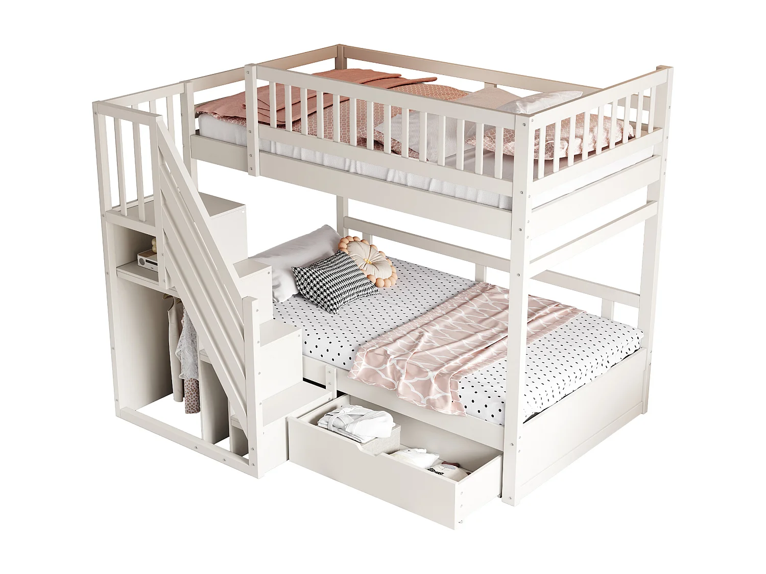 Lit superposés pour enfant - 2 x 90 x 200 cm - avec 1 tiroir + rangements d'escalier - bois + MDF - blanc