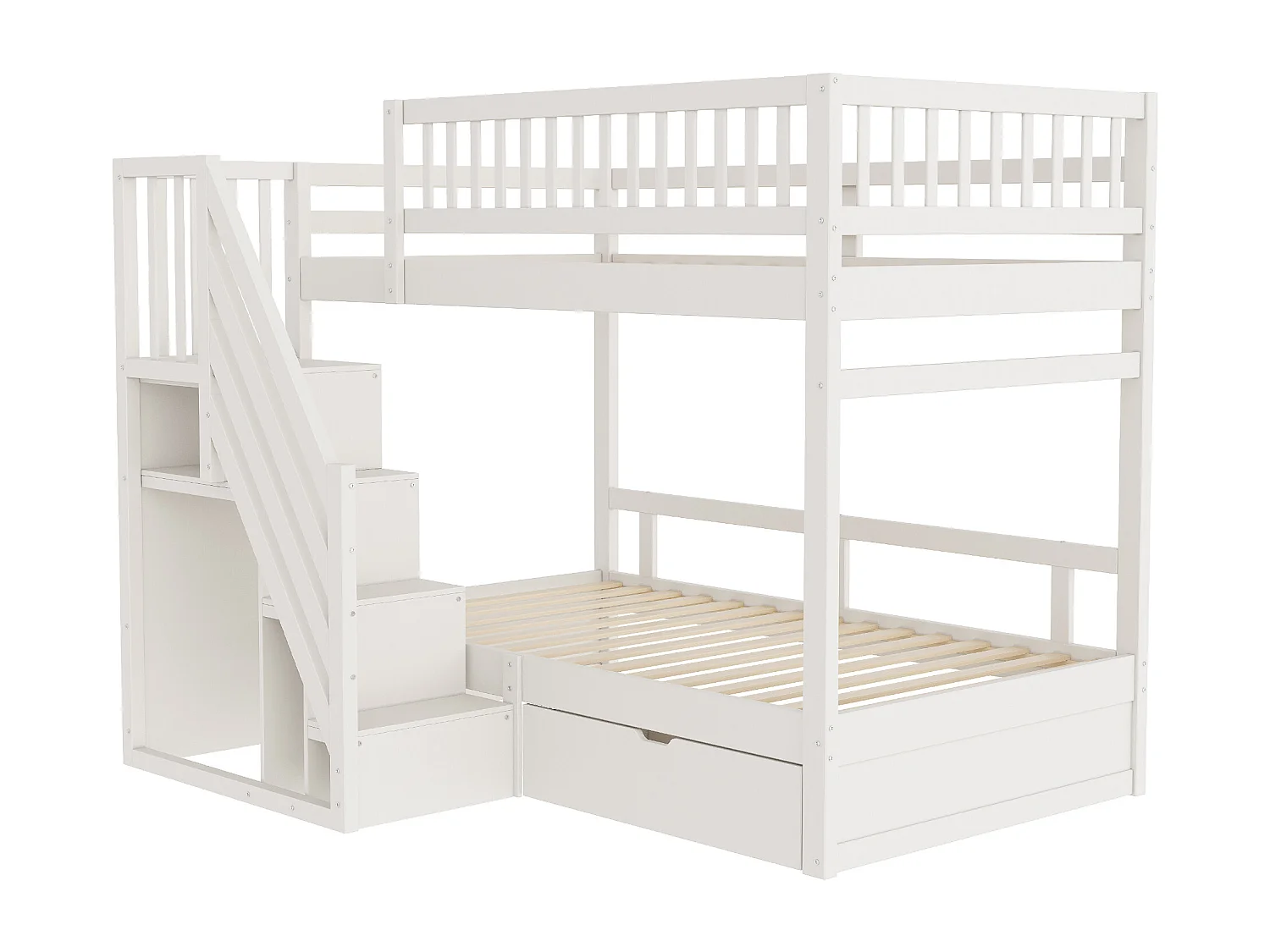 Lit superposés pour enfant - 2 x 90 x 200 cm - avec 1 tiroir + rangements d'escalier - bois + MDF - blanc