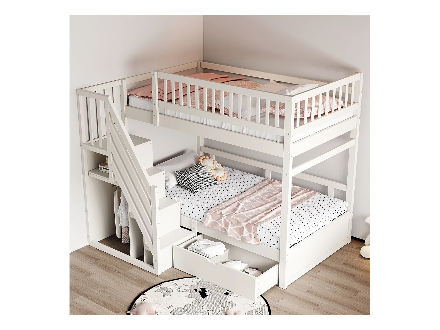 Lit superposés pour enfant - 2 x 90 x 200 cm - avec 1 tiroir + rangements d'escalier - bois + MDF - blanc