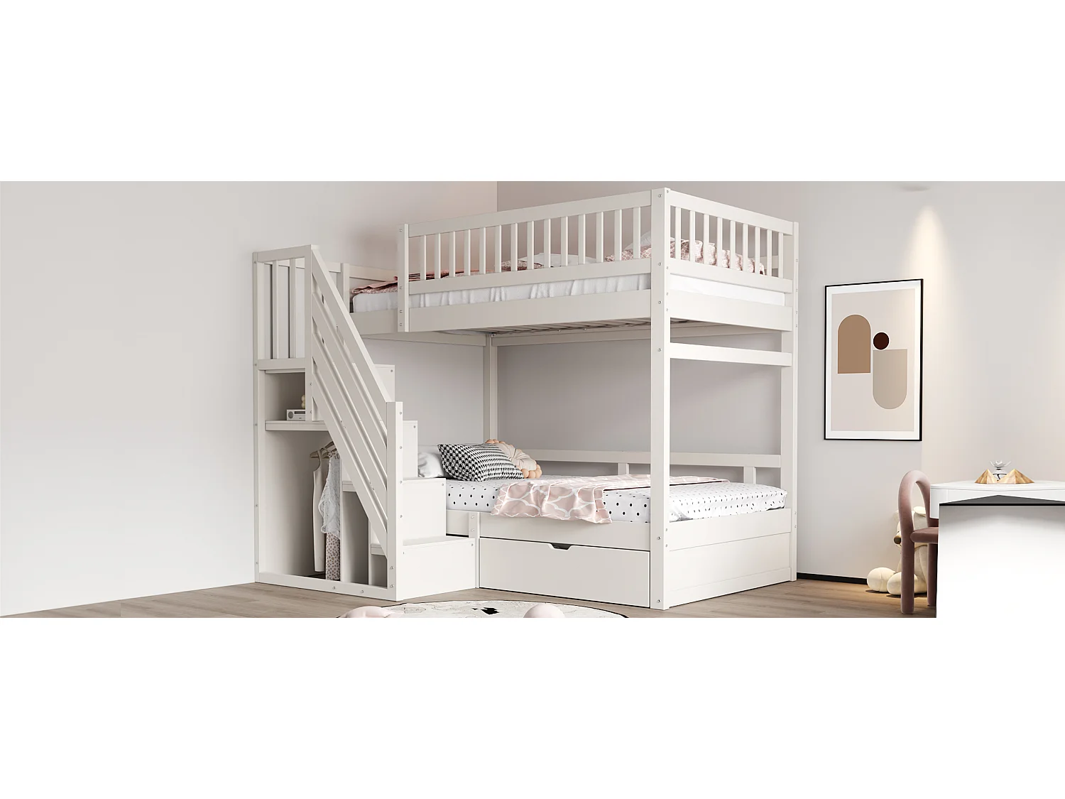 Lit superposés pour enfant - 2 x 90 x 200 cm - avec 1 tiroir + rangements d'escalier - bois + MDF - blanc
