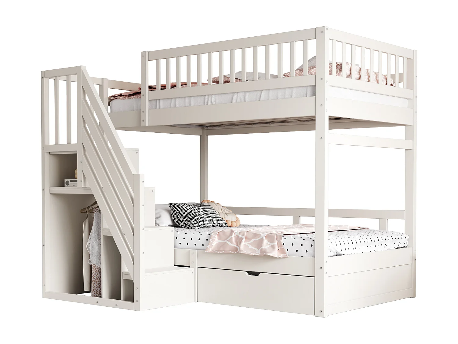 Lit superposés pour enfant - 2 x 90 x 200 cm - avec 1 tiroir + rangements d'escalier - bois + MDF - blanc