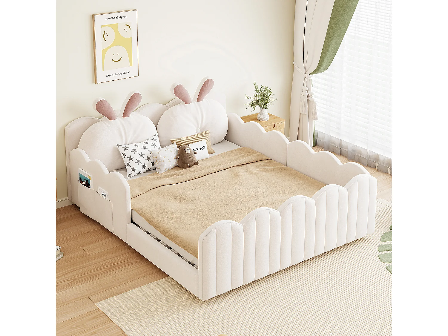 Gepolstertes Plattformbett - 140 x 200 cm - mit Hasenkissen - MDF - beige