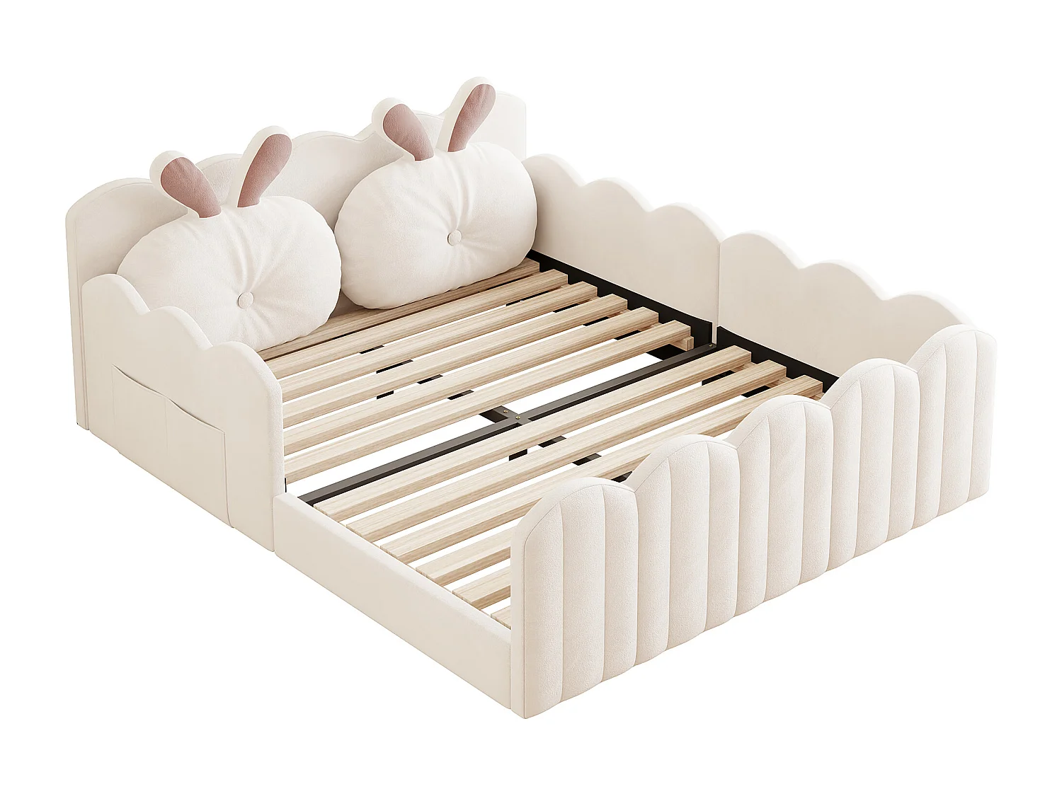 Gepolstertes Plattformbett - 140 x 200 cm - mit Hasenkissen - MDF - beige