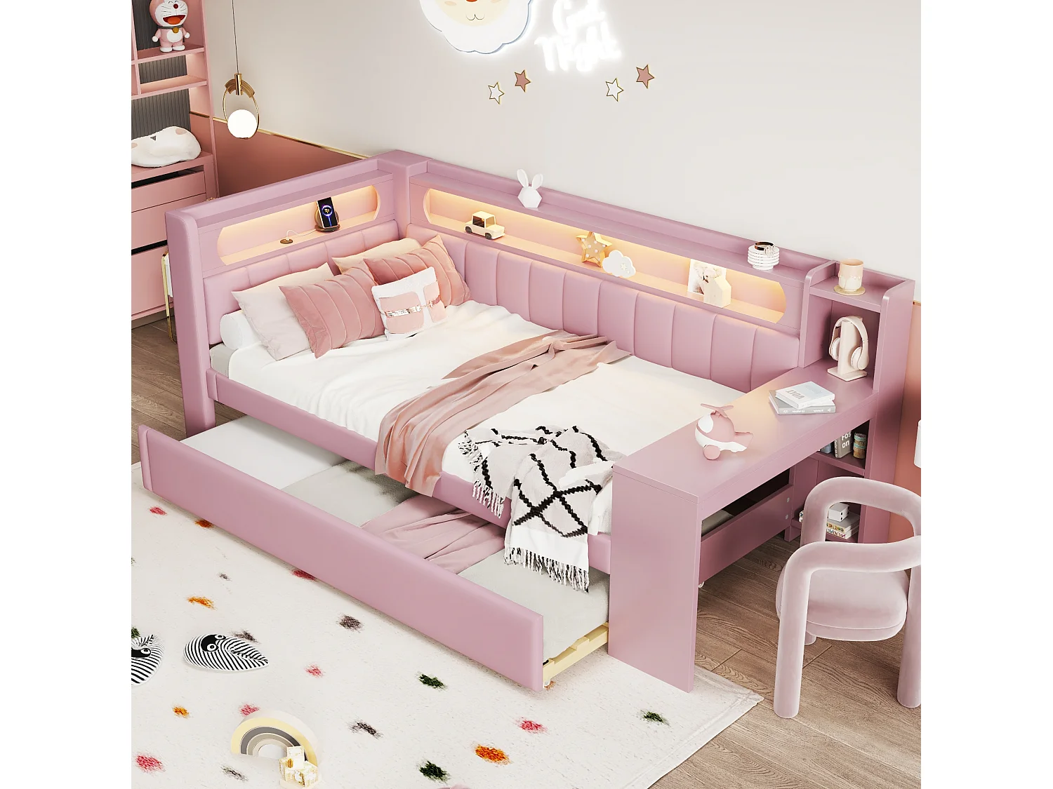 Canapé-lit - 90 x 200 + 90 x 190 cm - avec Leds + lit gigogne + bureau + rangement - MDF + lin - rose