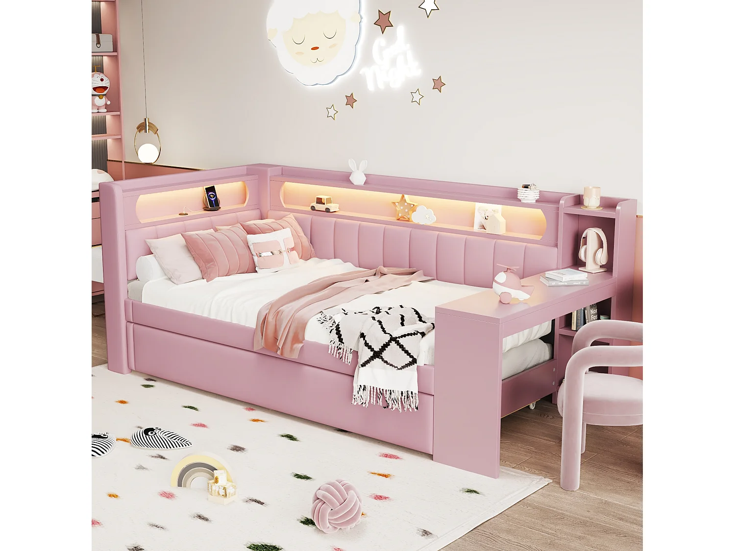 Canapé-lit - 90 x 200 + 90 x 190 cm - avec Leds + lit gigogne + bureau + rangement - MDF + lin - rose