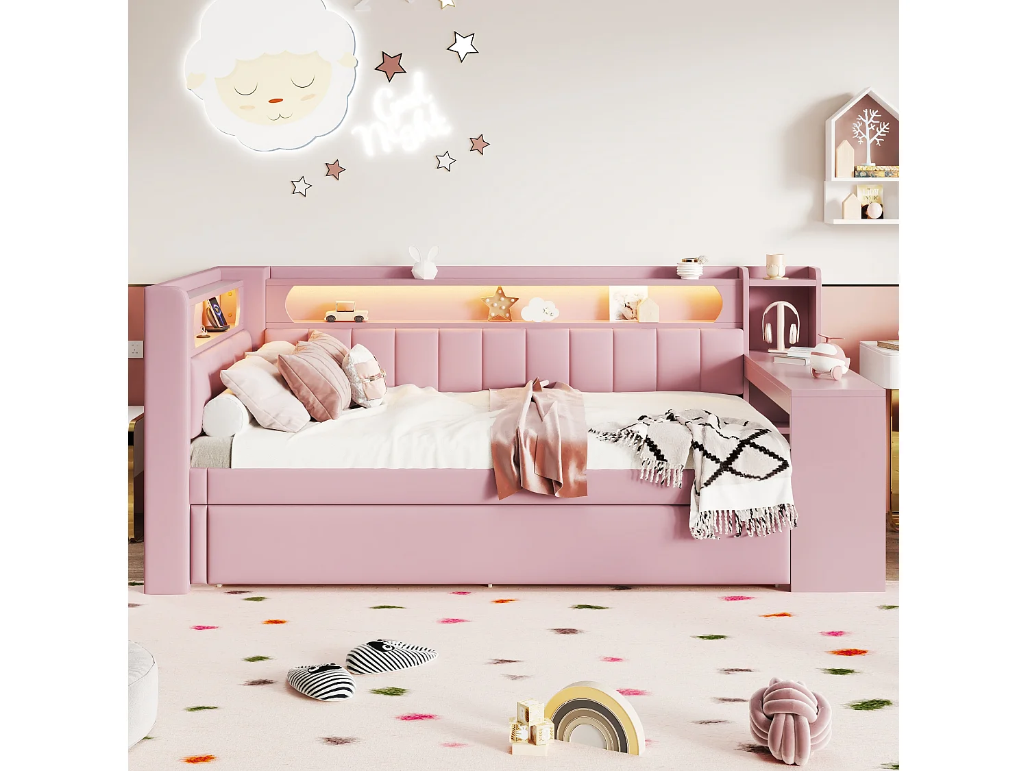 Divano letto - 90 x 200 + 90 x 190 cm - con LED + letto estraibile + scrivania + contenitore - MDF + lino - rosa