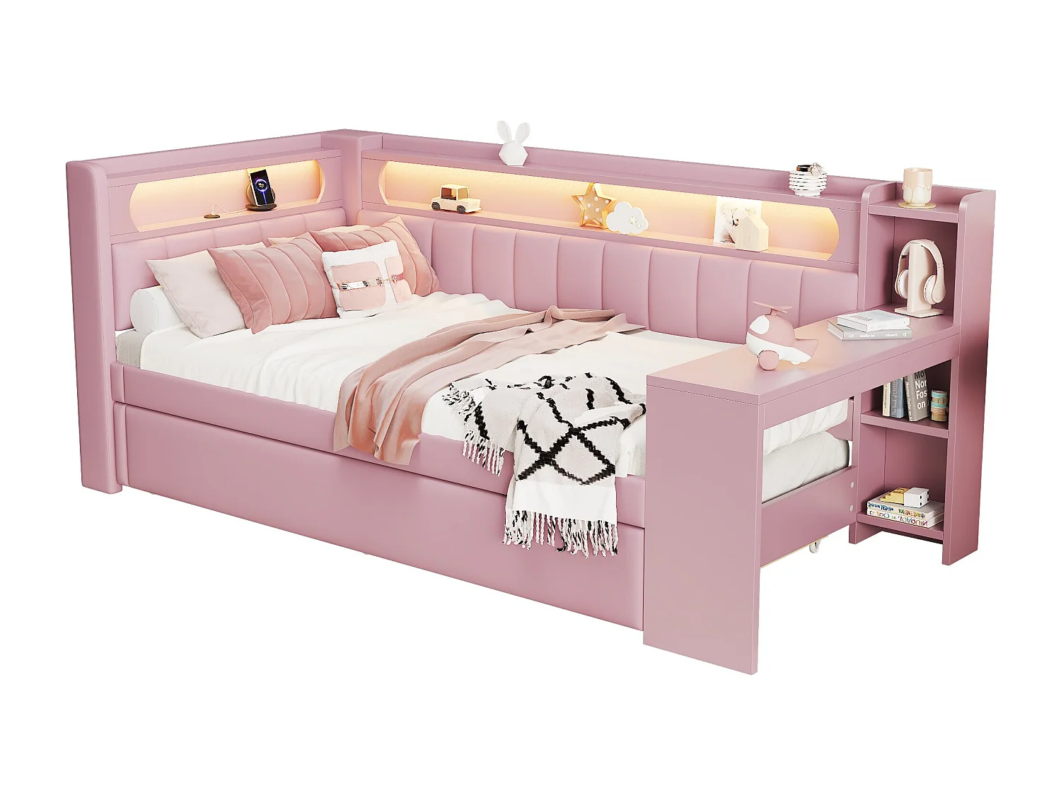 Divano letto - 90 x 200 + 90 x 190 cm - con LED + letto estraibile + scrivania + contenitore - MDF + lino - rosa