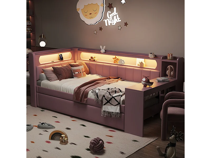 Canapé-lit - 90 x 200 + 90 x 190 cm - avec Leds + lit gigogne + bureau + rangement - MDF + lin - rose