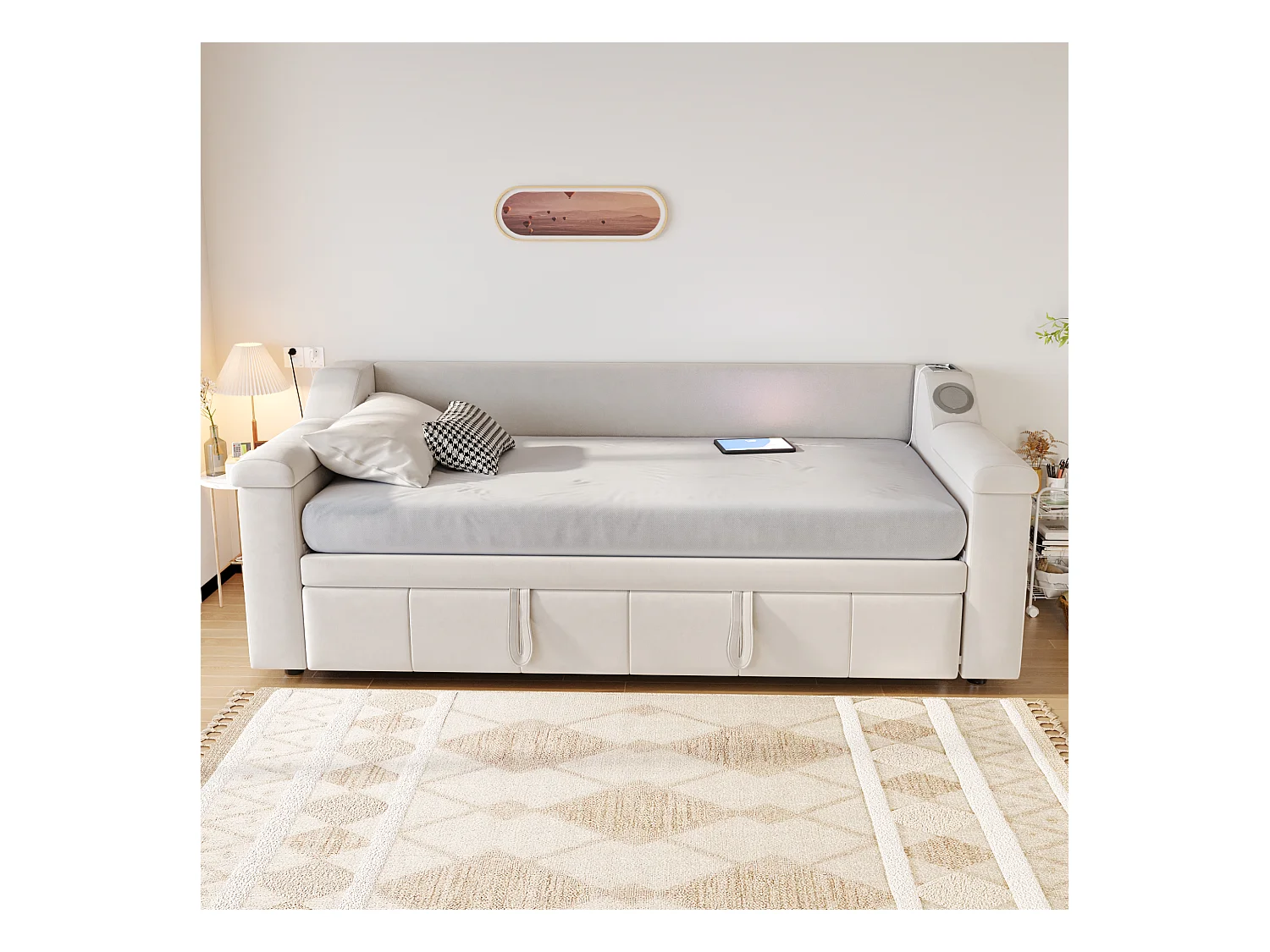 Canapé-lit rembourré - 90/180 x 190 cm - avec accoudoirs + Bluetooth + USB - avec rangement - velours - beige