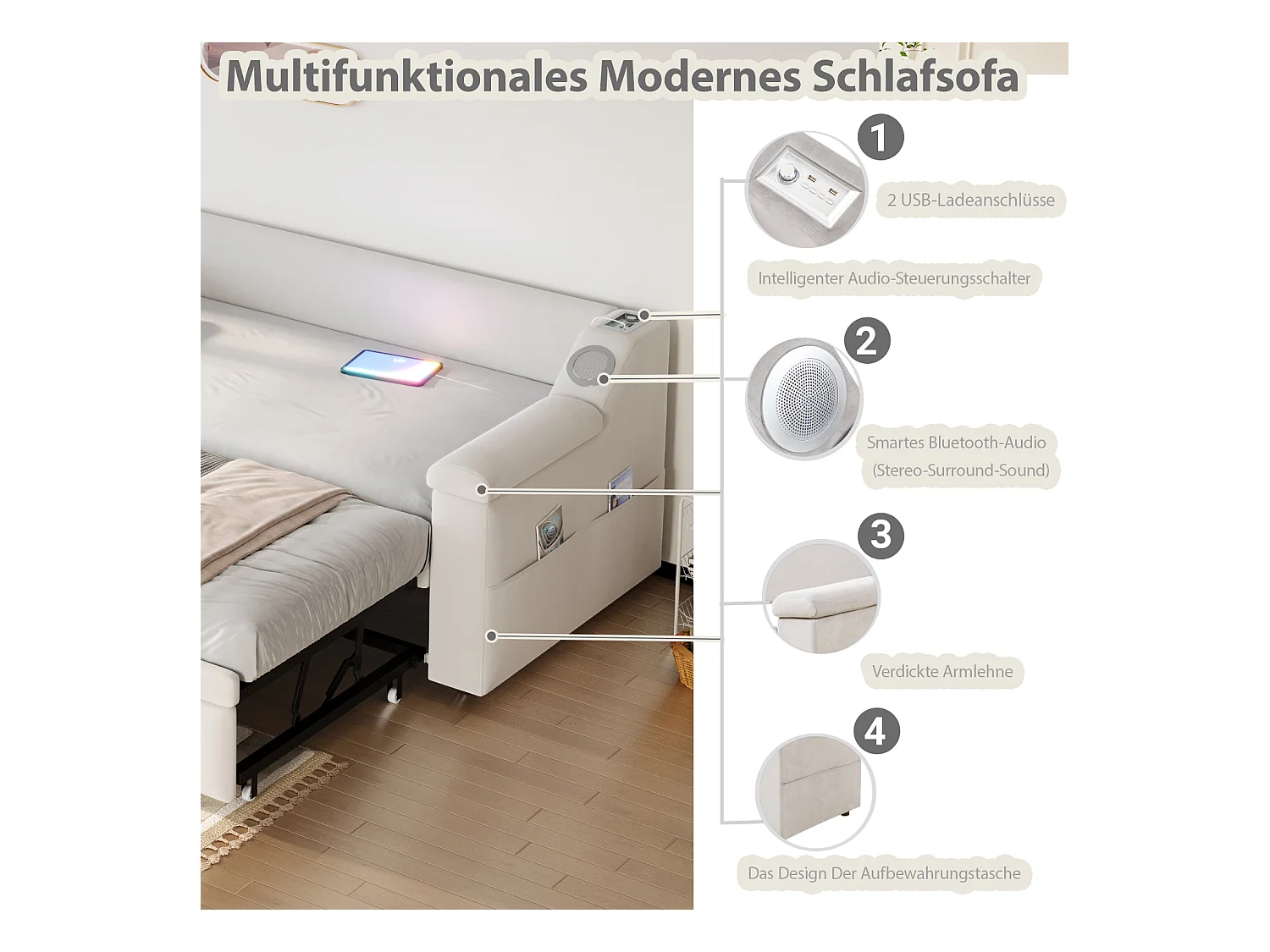 Canapé-lit rembourré - 90/180 x 190 cm - avec accoudoirs + Bluetooth + USB - avec rangement - velours - beige