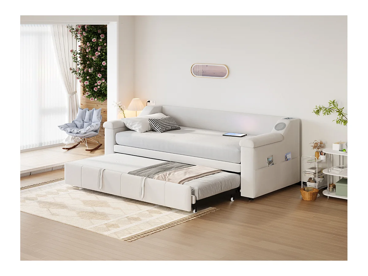Canapé-lit rembourré - 90/180 x 190 cm - avec accoudoirs + Bluetooth + USB - avec rangement - velours - beige