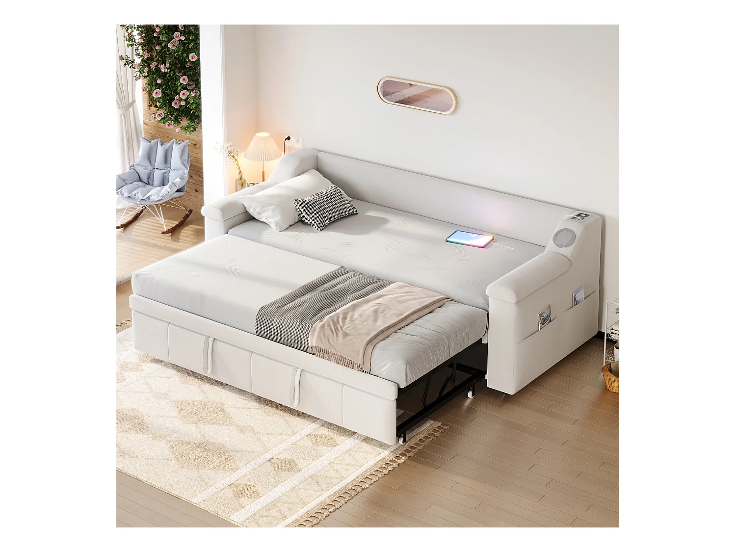 Canapé-lit rembourré - 90/180 x 190 cm - avec accoudoirs + Bluetooth + USB - avec rangement - velours - beige