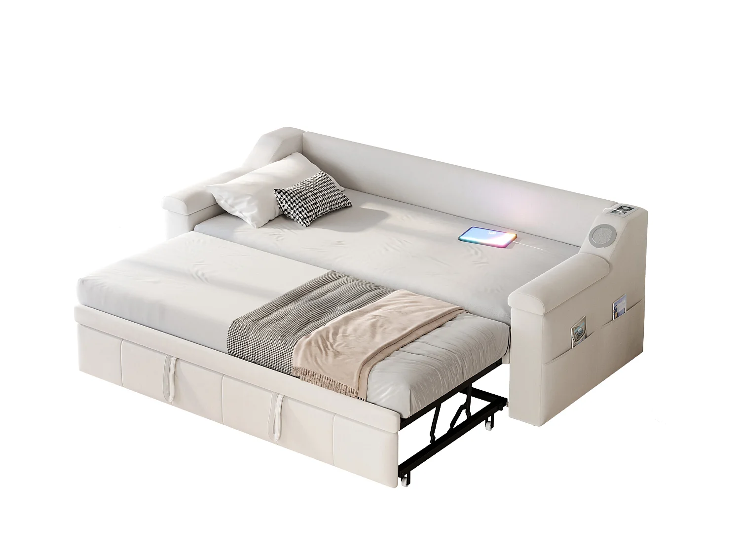 Canapé-lit rembourré - 90/180 x 190 cm - avec accoudoirs + Bluetooth + USB - avec rangement - velours - beige