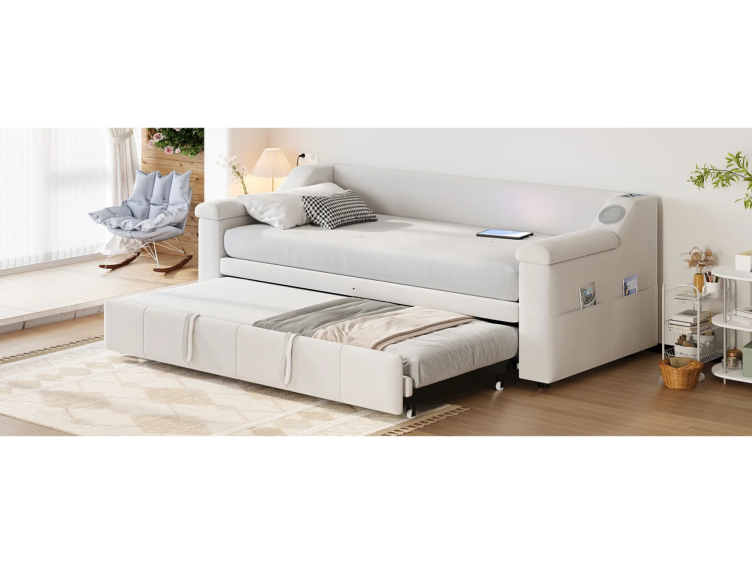 Gepolstertes Schlafsofa - 90/180 x 190 cm - mit Armlehnen + Bluetooth + USB - mit Stauraum - Samt - Beige