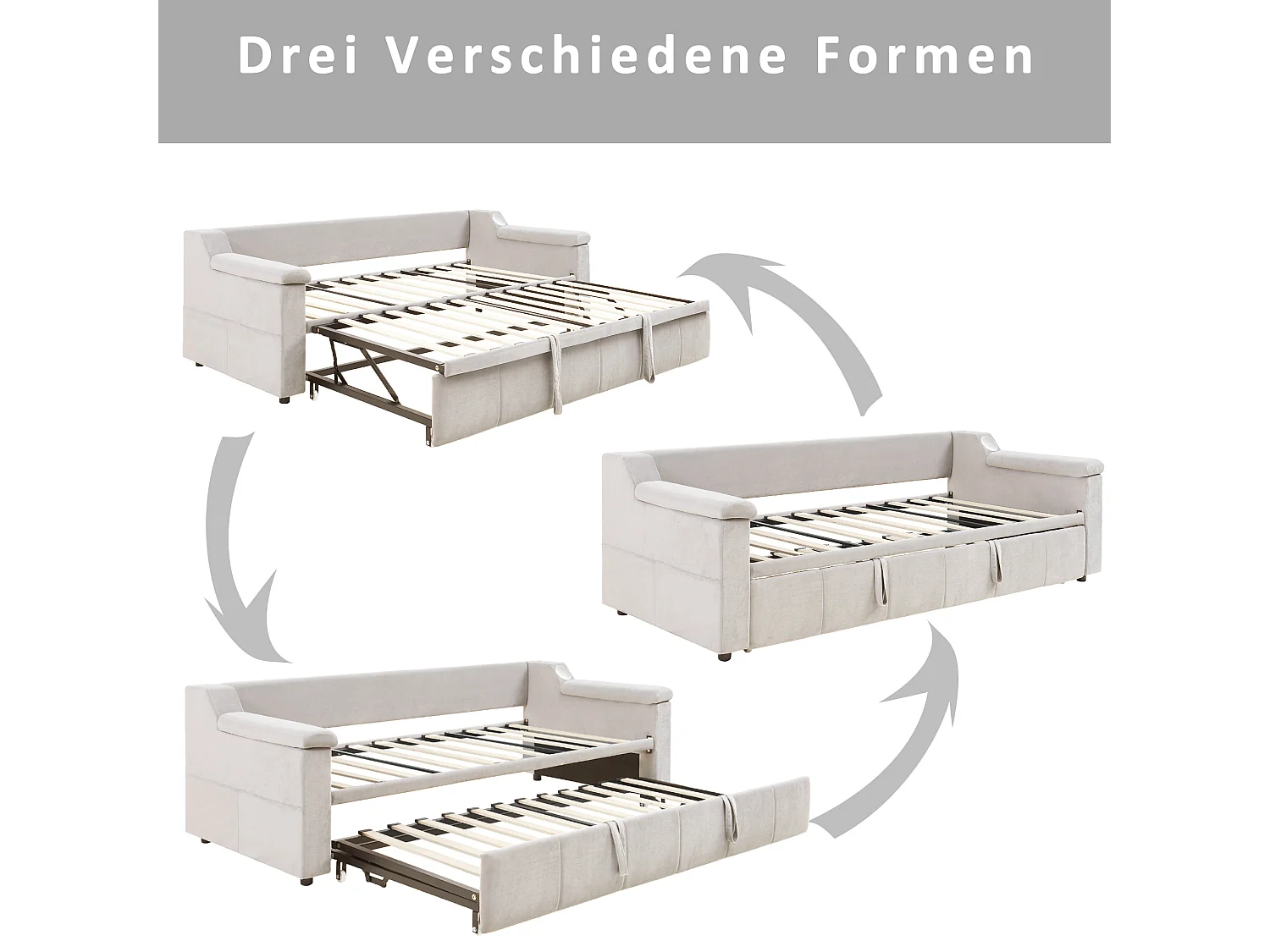 Gepolstertes Schlafsofa - 90/180 x 190 cm - mit Armlehnen + Bluetooth + USB - mit Stauraum - Samt - Beige