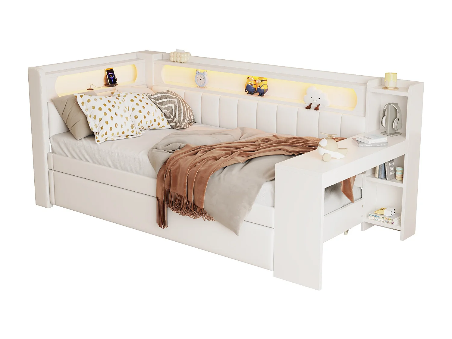 Slaapbank - 90 x 200 + 90 x 190 cm - met LED's + uitschuifbed + bureau + opbergruimte - MDF + linnen - wit