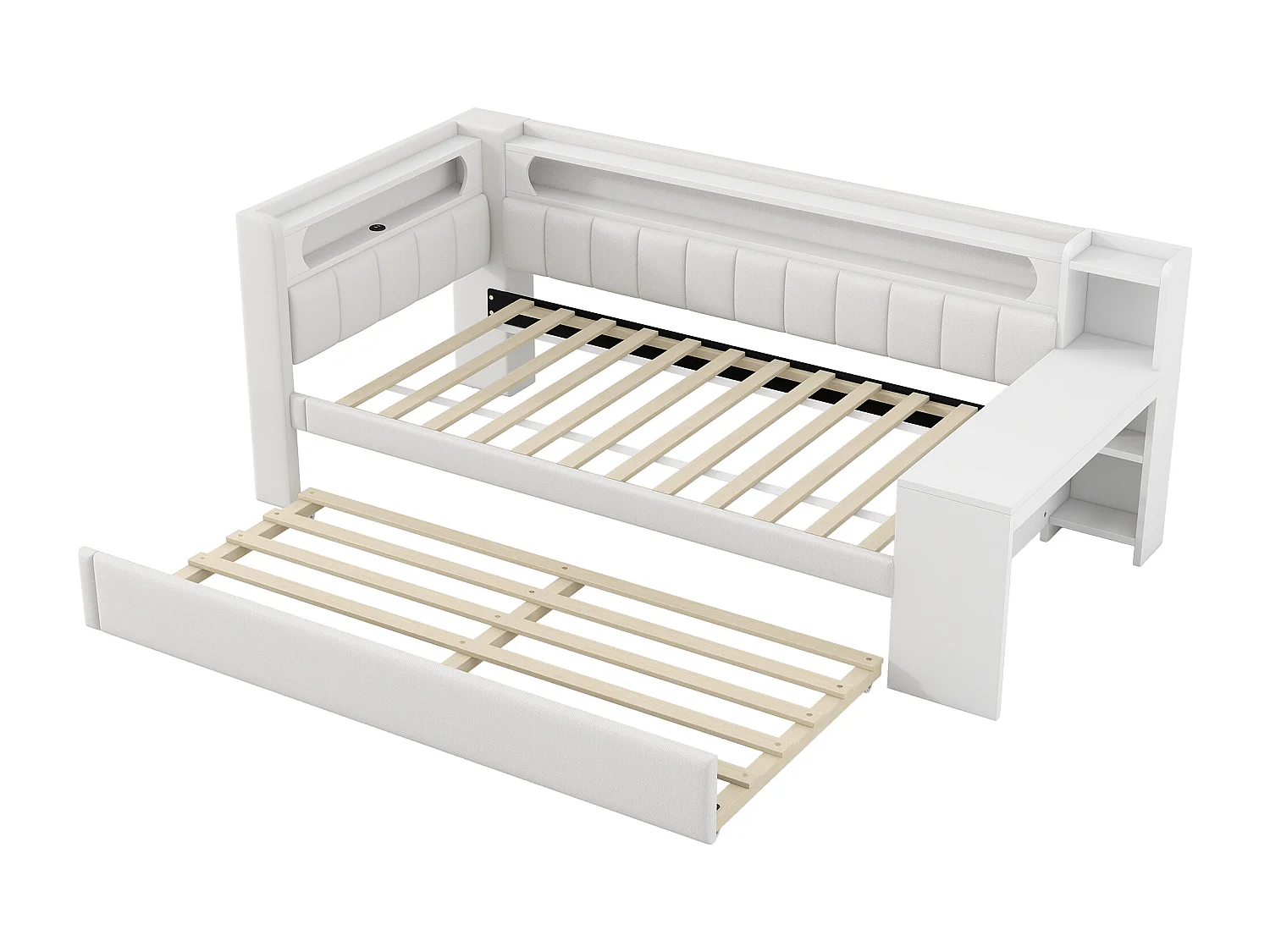 Slaapbank - 90 x 200 + 90 x 190 cm - met LED's + uitschuifbed + bureau + opbergruimte - MDF + linnen - wit