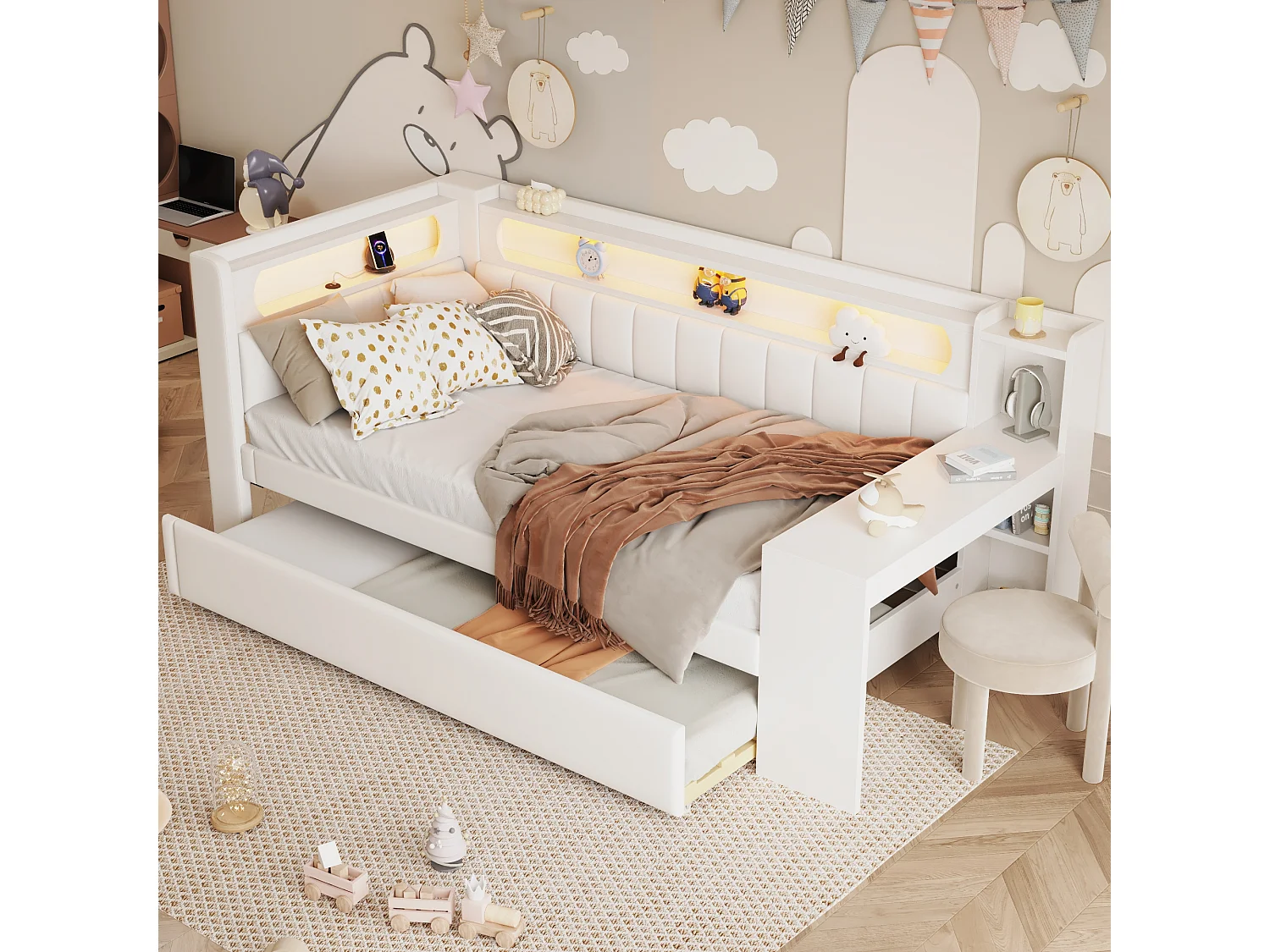 Slaapbank - 90 x 200 + 90 x 190 cm - met LED's + uitschuifbed + bureau + opbergruimte - MDF + linnen - wit