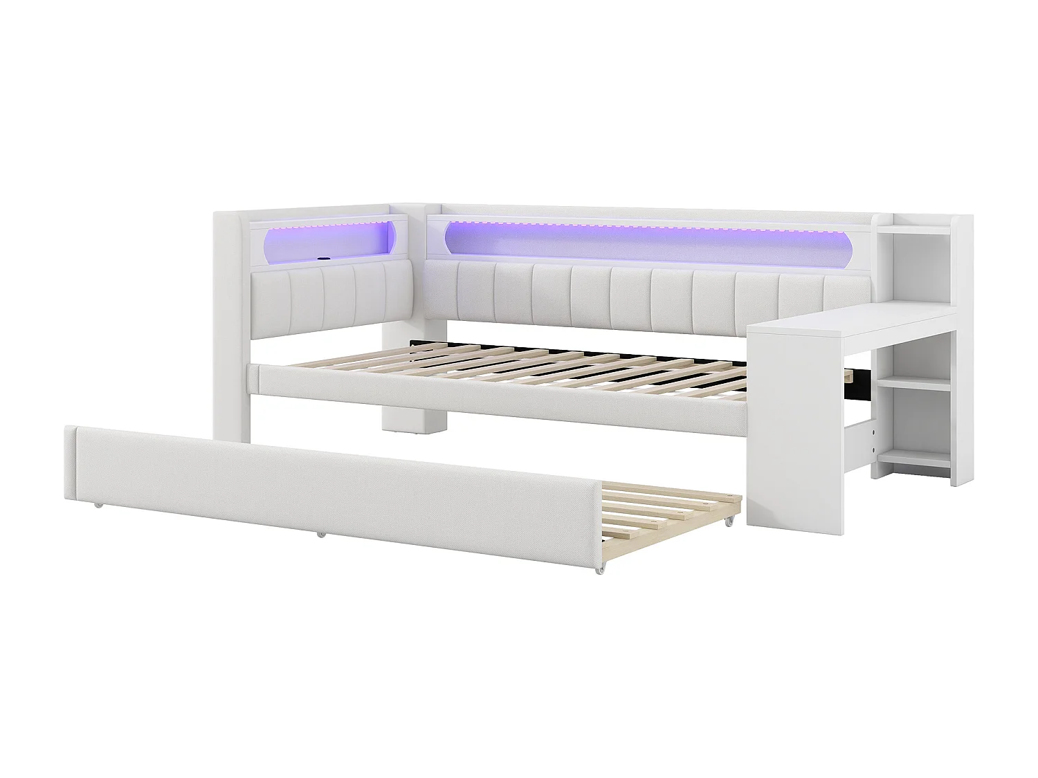 Slaapbank - 90 x 200 + 90 x 190 cm - met LED's + uitschuifbed + bureau + opbergruimte - MDF + linnen - wit
