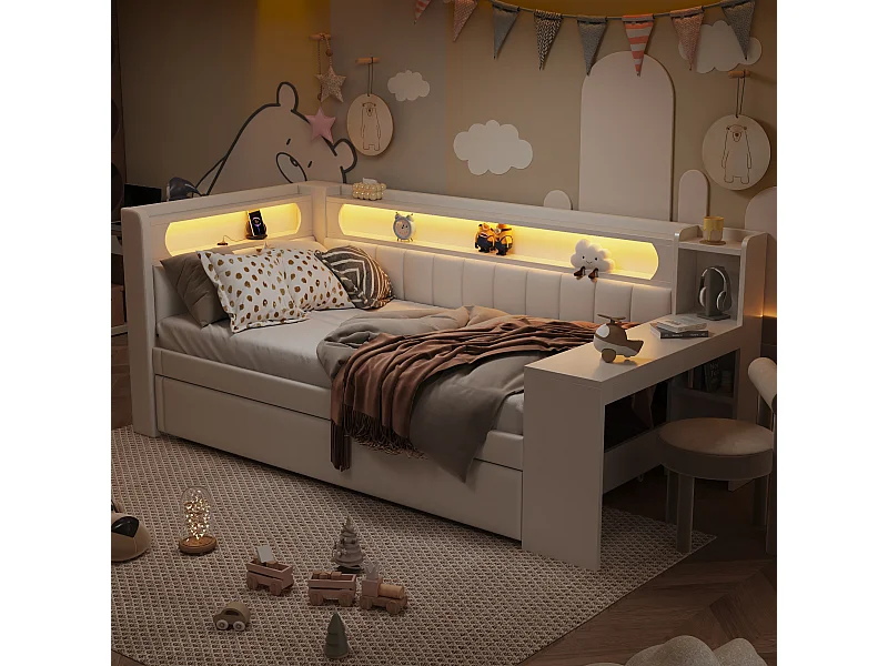 Slaapbank - 90 x 200 + 90 x 190 cm - met LED's + uitschuifbed + bureau + opbergruimte - MDF + linnen - wit