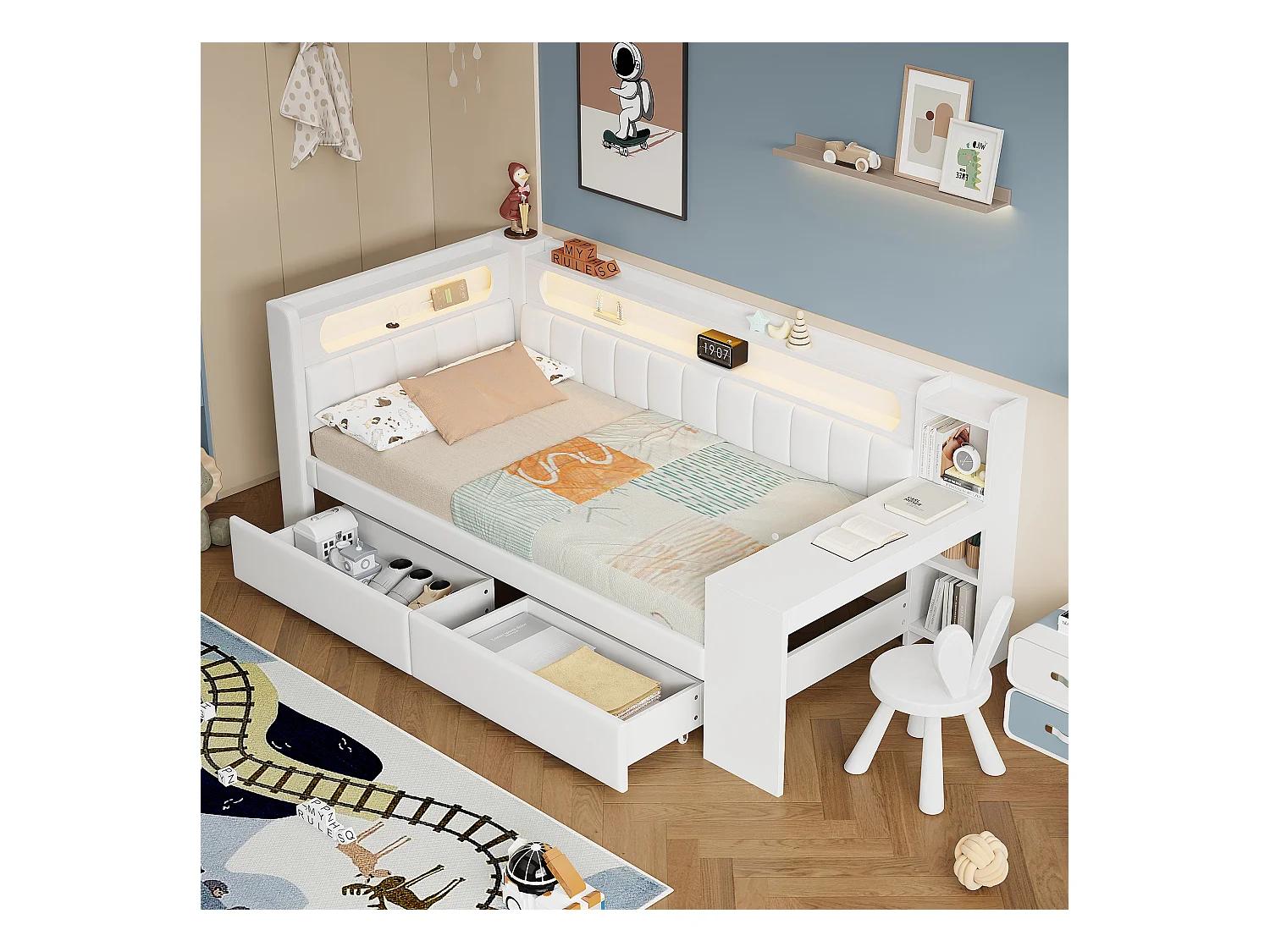 Canapé-lit - 90 x 200 cm - avec Leds + lit gigogne + bureau + 2 tirois - MDF + lin - blanc