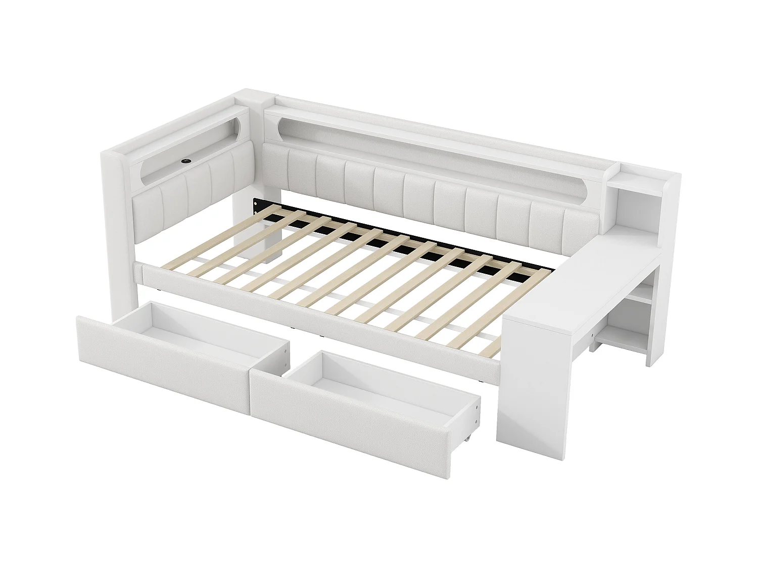 Canapé-lit - 90 x 200 cm - avec Leds + lit gigogne + bureau + 2 tirois - MDF + lin - blanc