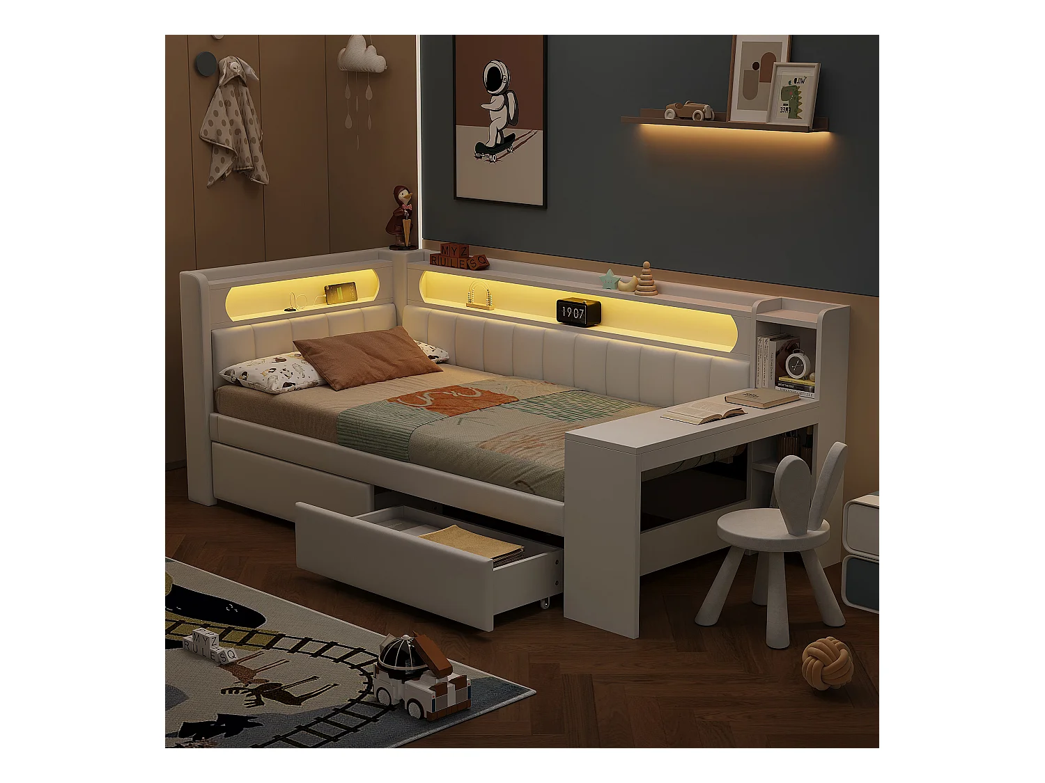 Slaapbank - 90 x 200 cm - met LED's + uitschuifbed + bureau + 2 lades - MDF + linnen - wit