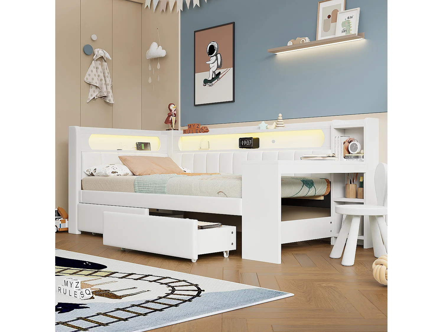 Schlafsofa - 90 x 200 cm - mit LEDs + Ausziehbett + Schreibtisch + 2 Schubladen - MDF + Leinen - weiß