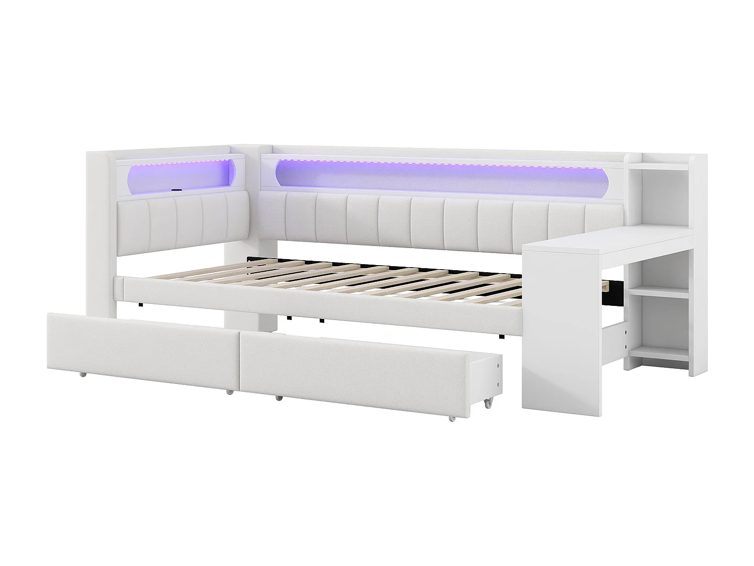 Divano letto per bambini - 90 x 200 cm - con LED + USB + scrivania + 2 cassetti - MDF + lino - bianco