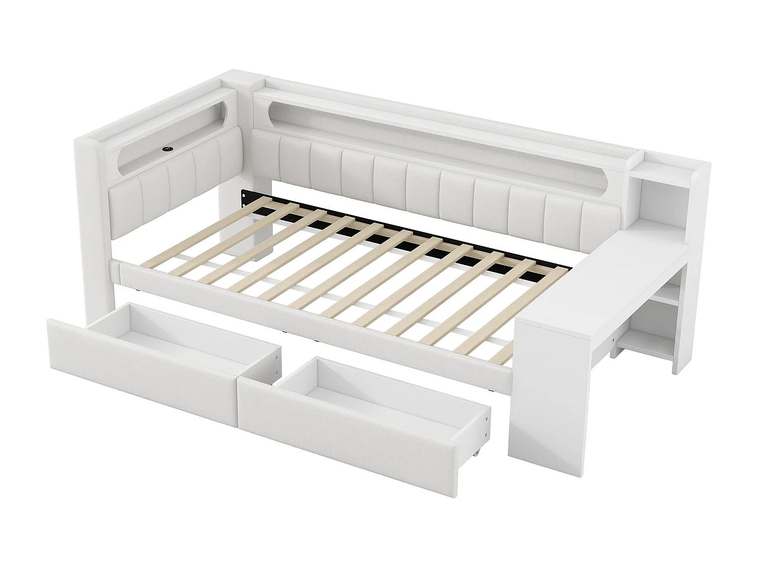 Divano letto per bambini - 90 x 200 cm - con LED + USB + scrivania + 2 cassetti - MDF + lino - bianco