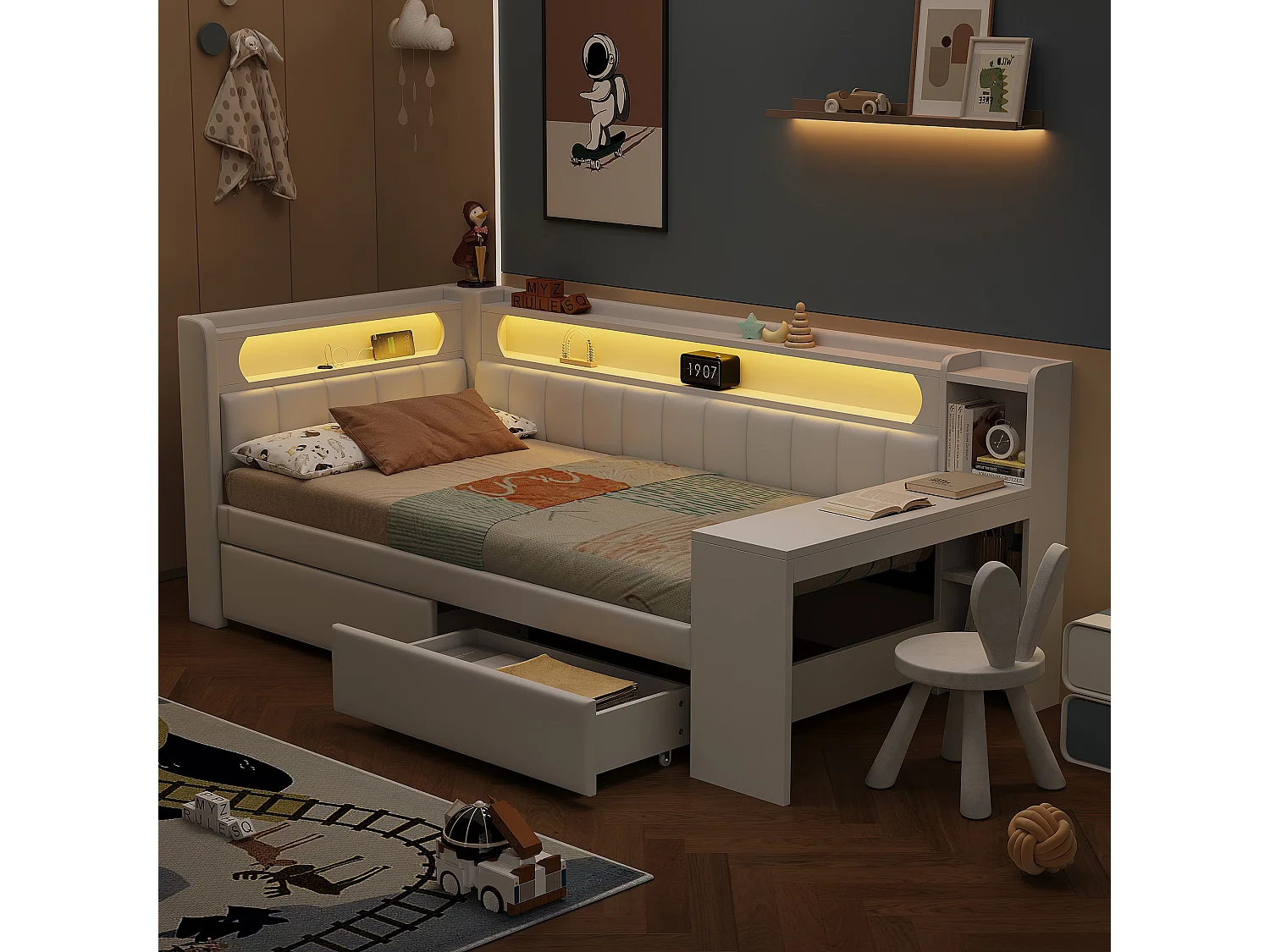 Kinderslaapbank - 90 x 200 cm - met LED-verlichting + USB + bureau + 2 lades - MDF + linnen - wit