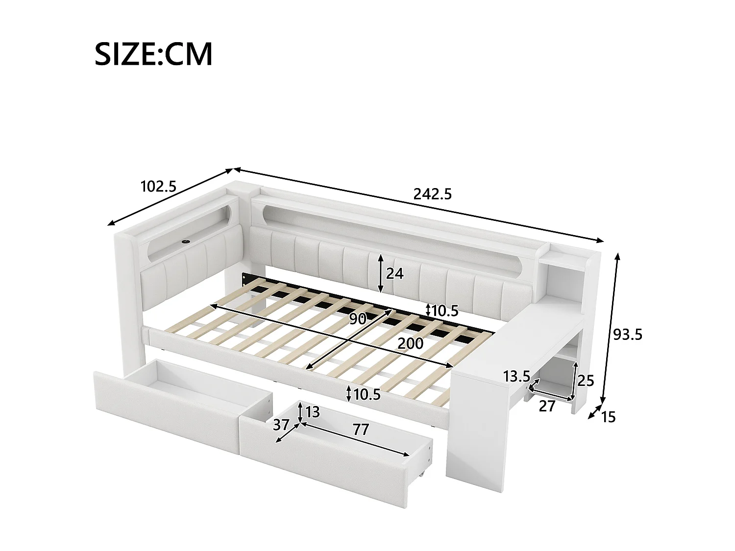 Kinderslaapbank - 90 x 200 cm - met LED-verlichting + USB + bureau + 2 lades - MDF + linnen - wit