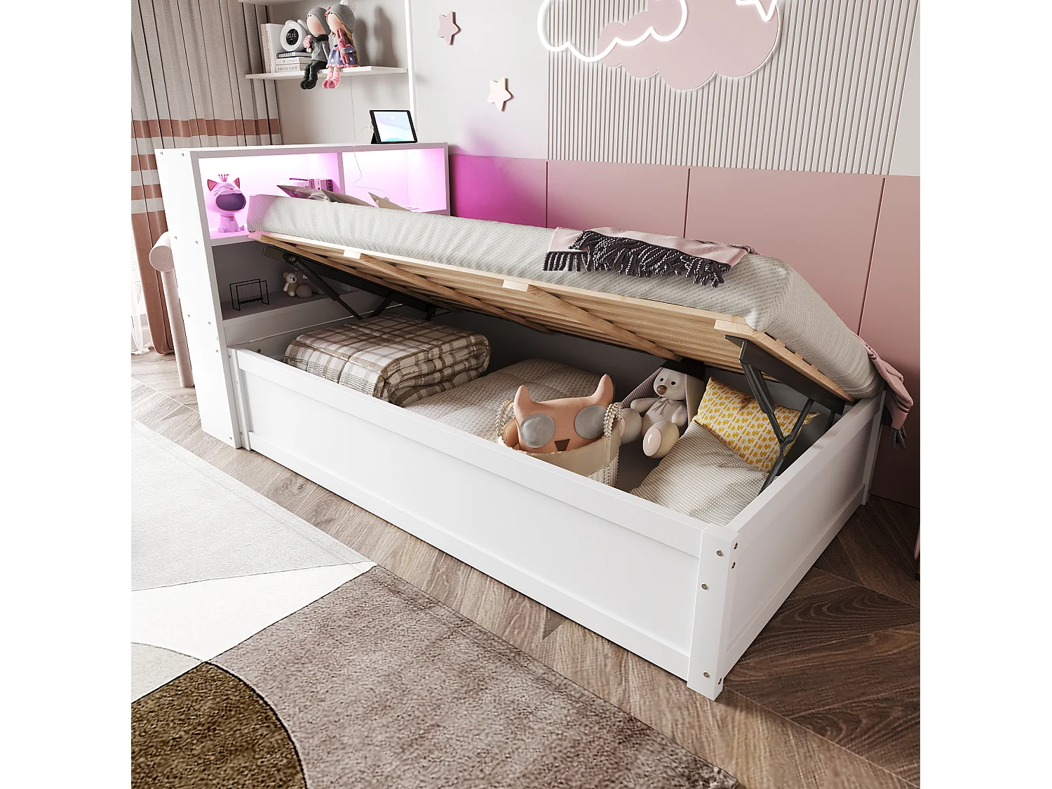 Lit coffre pour enfant - 90 x 200 cm - avec Leds + tête de lit avec rangement - bois + MDF - blanc