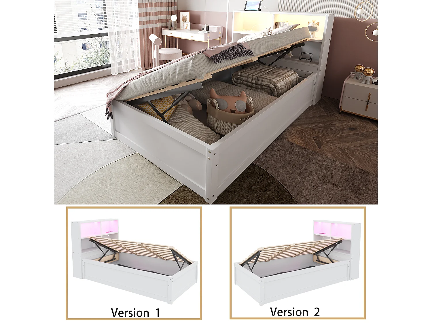 Lit coffre pour enfant - 90 x 200 cm - avec Leds + tête de lit avec rangement - bois + MDF - blanc