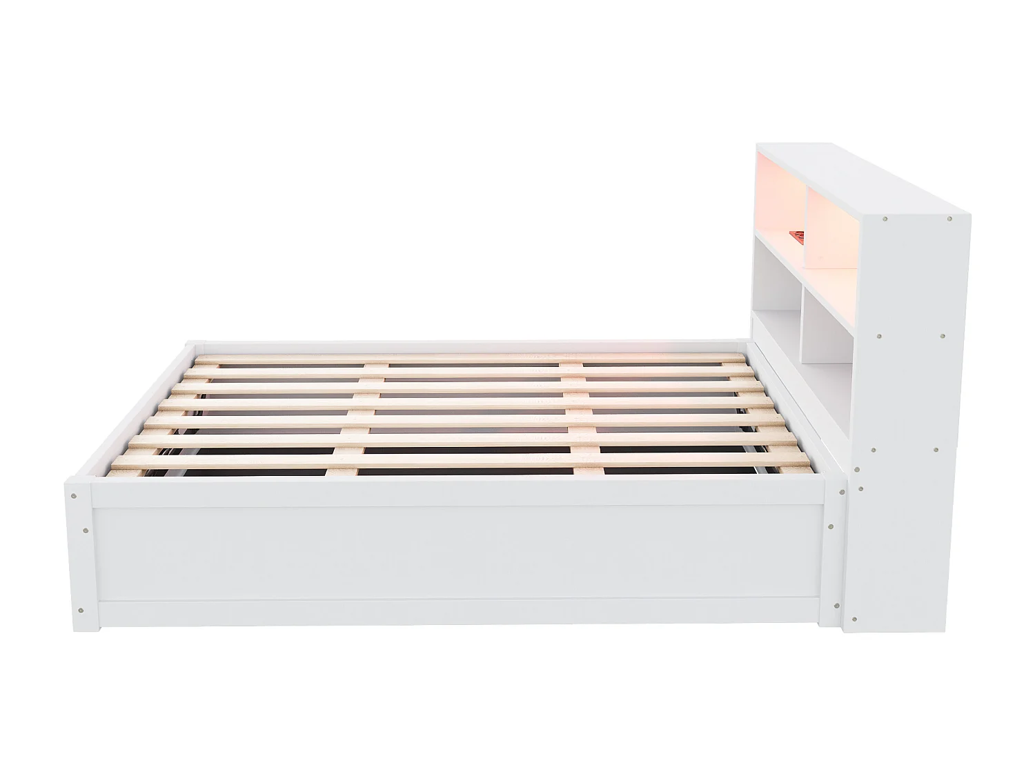 Lit coffre pour enfant - 90 x 200 cm - avec Leds + tête de lit avec rangement - bois + MDF - blanc