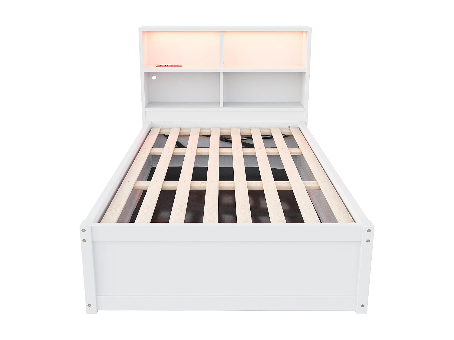 Lit coffre pour enfant - 90 x 200 cm - avec Leds + tête de lit avec rangement - bois + MDF - blanc