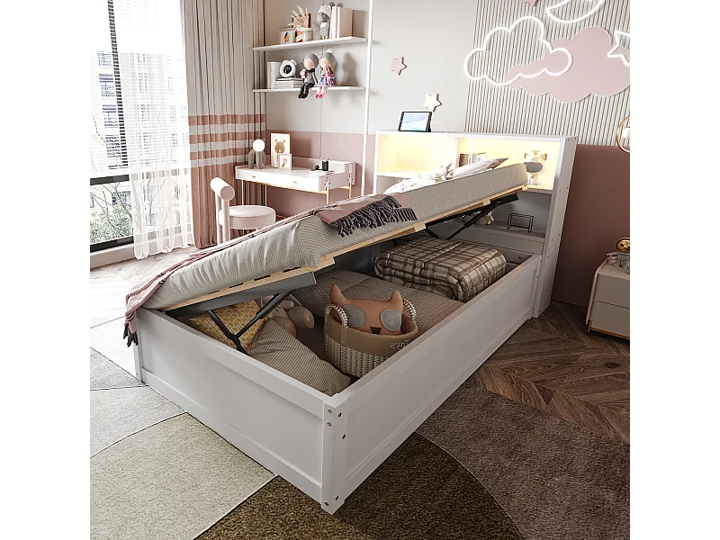 Lit coffre pour enfant - 90 x 200 cm - avec Leds + tête de lit avec rangement - bois + MDF - blanc