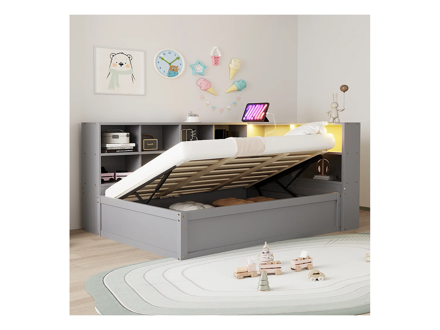 Lit coffre pour enfant - 90 x 200 cm - avec Leds + plusieurs rangements - lit hydraulique - bois + MDF - gris