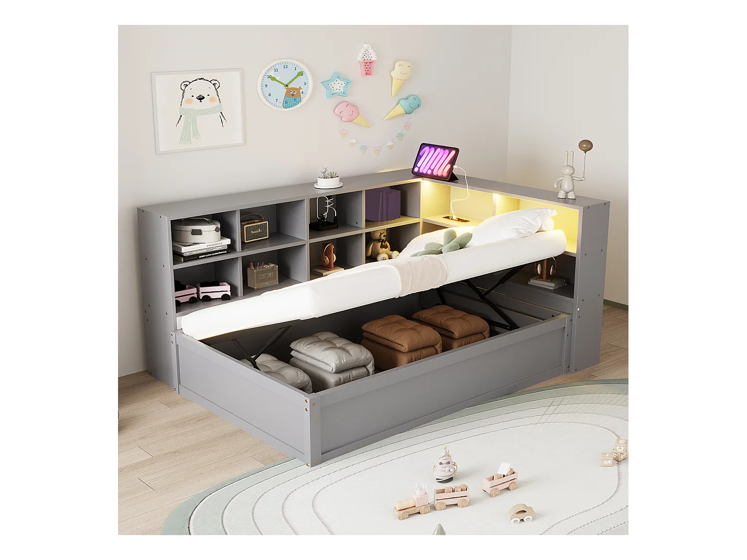 Lit coffre pour enfant - 90 x 200 cm - avec Leds + plusieurs rangements - lit hydraulique - bois + MDF - gris