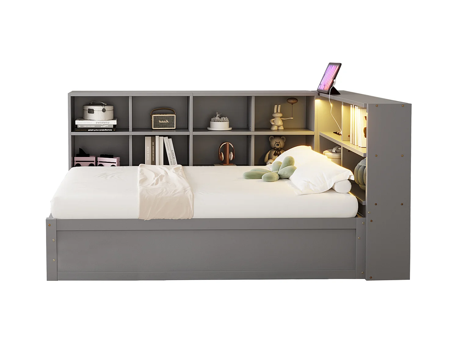 Lit coffre pour enfant - 90 x 200 cm - avec Leds + plusieurs rangements - lit hydraulique - bois + MDF - gris