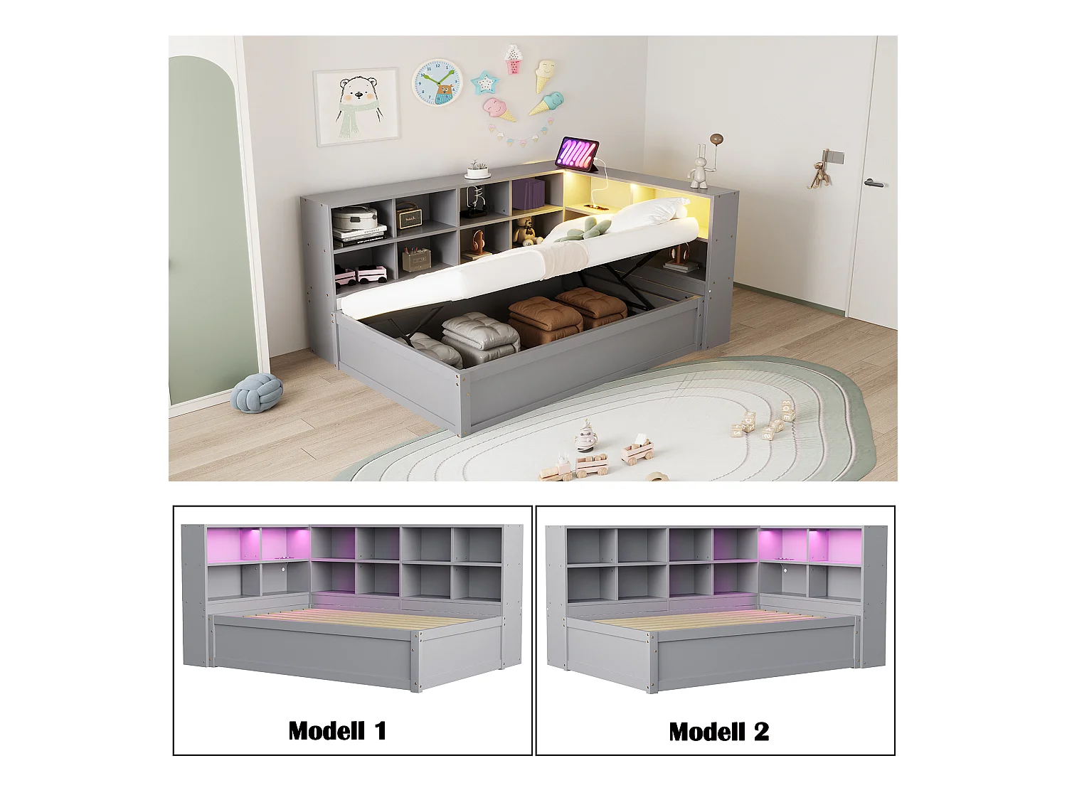 Lit coffre pour enfant - 90 x 200 cm - avec Leds + plusieurs rangements - lit hydraulique - bois + MDF - gris