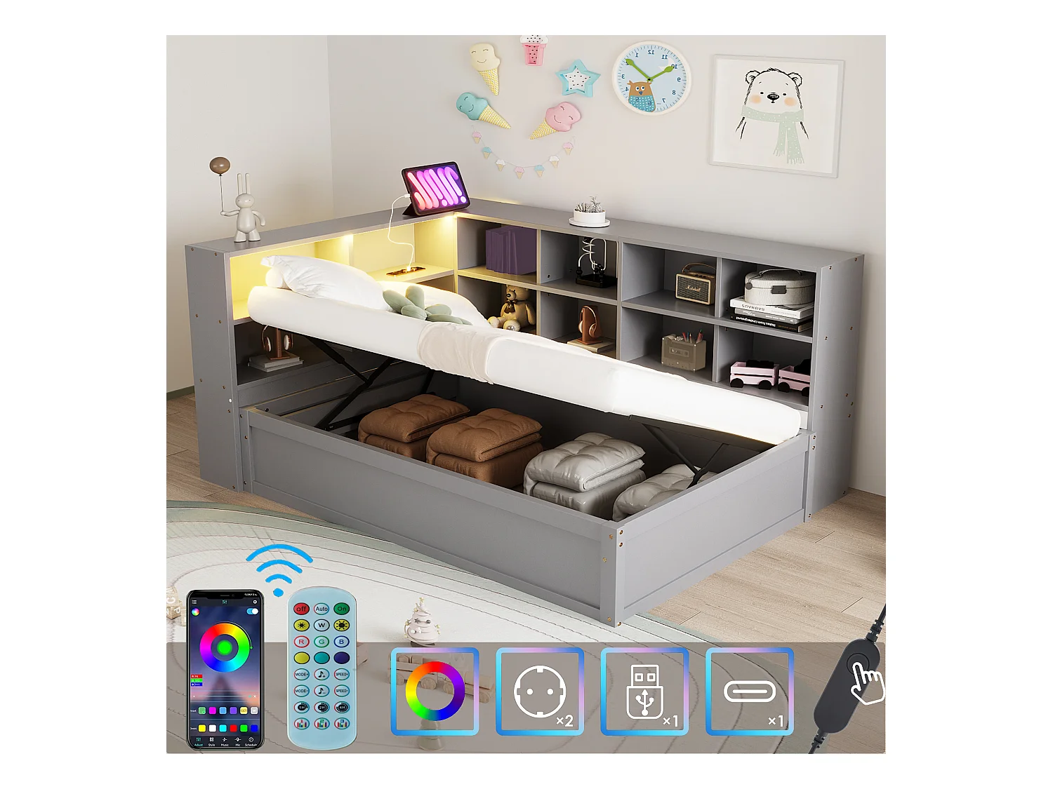 Lit coffre pour enfant - 90 x 200 cm - avec Leds + plusieurs rangements - lit hydraulique - bois + MDF - gris