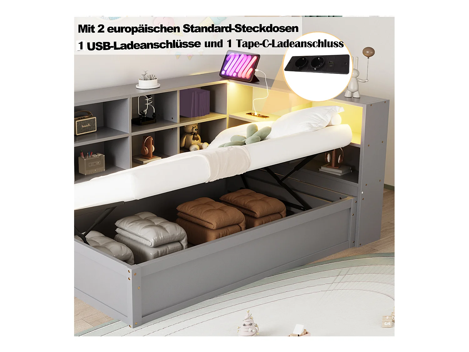 Lit coffre pour enfant - 90 x 200 cm - avec Leds + plusieurs rangements - lit hydraulique - bois + MDF - gris