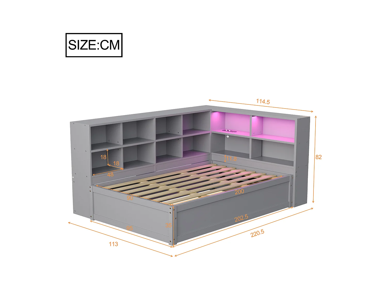 Lit coffre pour enfant - 90 x 200 cm - avec Leds + plusieurs rangements - lit hydraulique - bois + MDF - gris