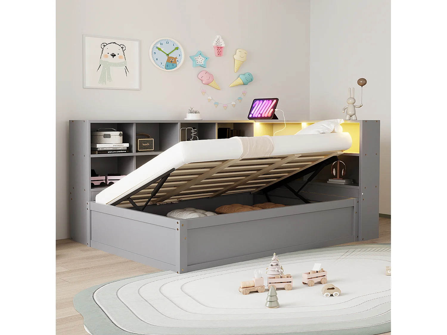 Cama infantil con canapé - 90 x 200 cm - con LED + varios espacios de almacenaje - cama hidráulica - madera + MDF - gris
