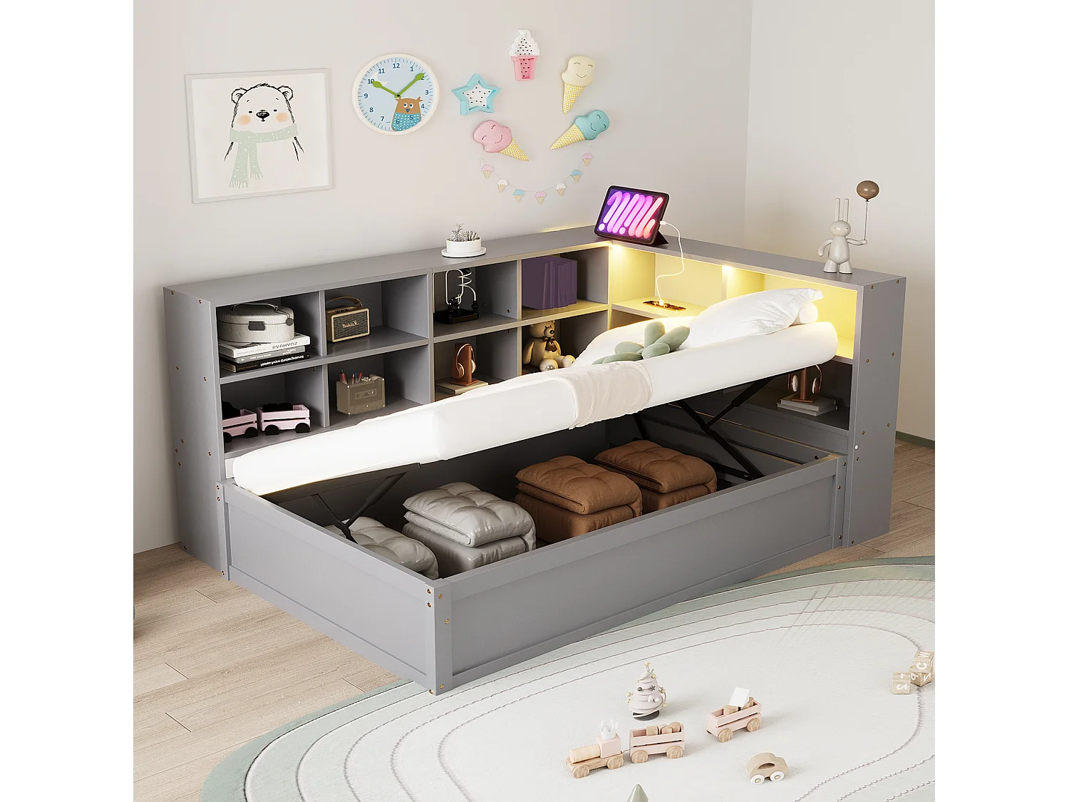 Cama infantil con canapé - 90 x 200 cm - con LED + varios espacios de almacenaje - cama hidráulica - madera + MDF - gris